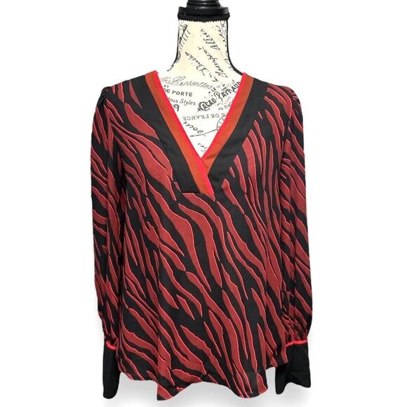 Express S Red Black Zebra Print V-Neck Blouse Long Sleeve Button Cuff Top Y2K - Picture 4 of 11